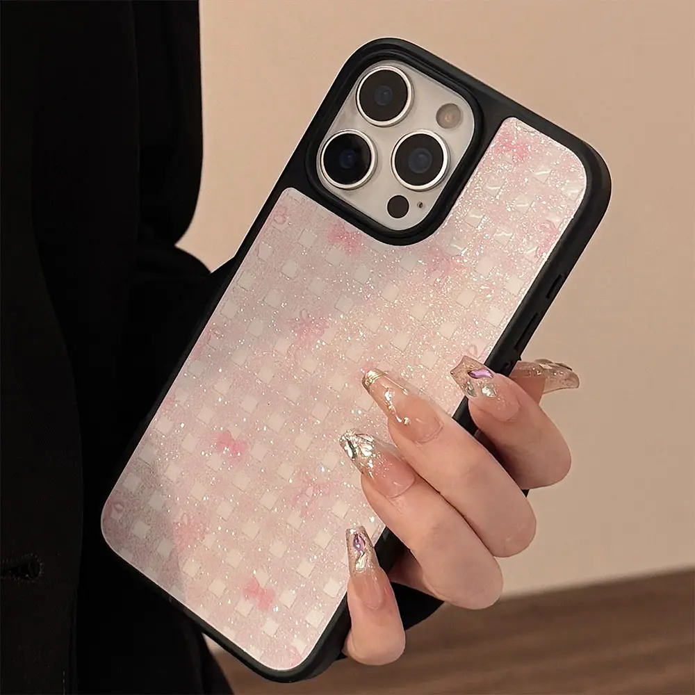 Frosted Black-Framed Glass - Black with Pink Ribbon Plaid phone case3 (2).jpg